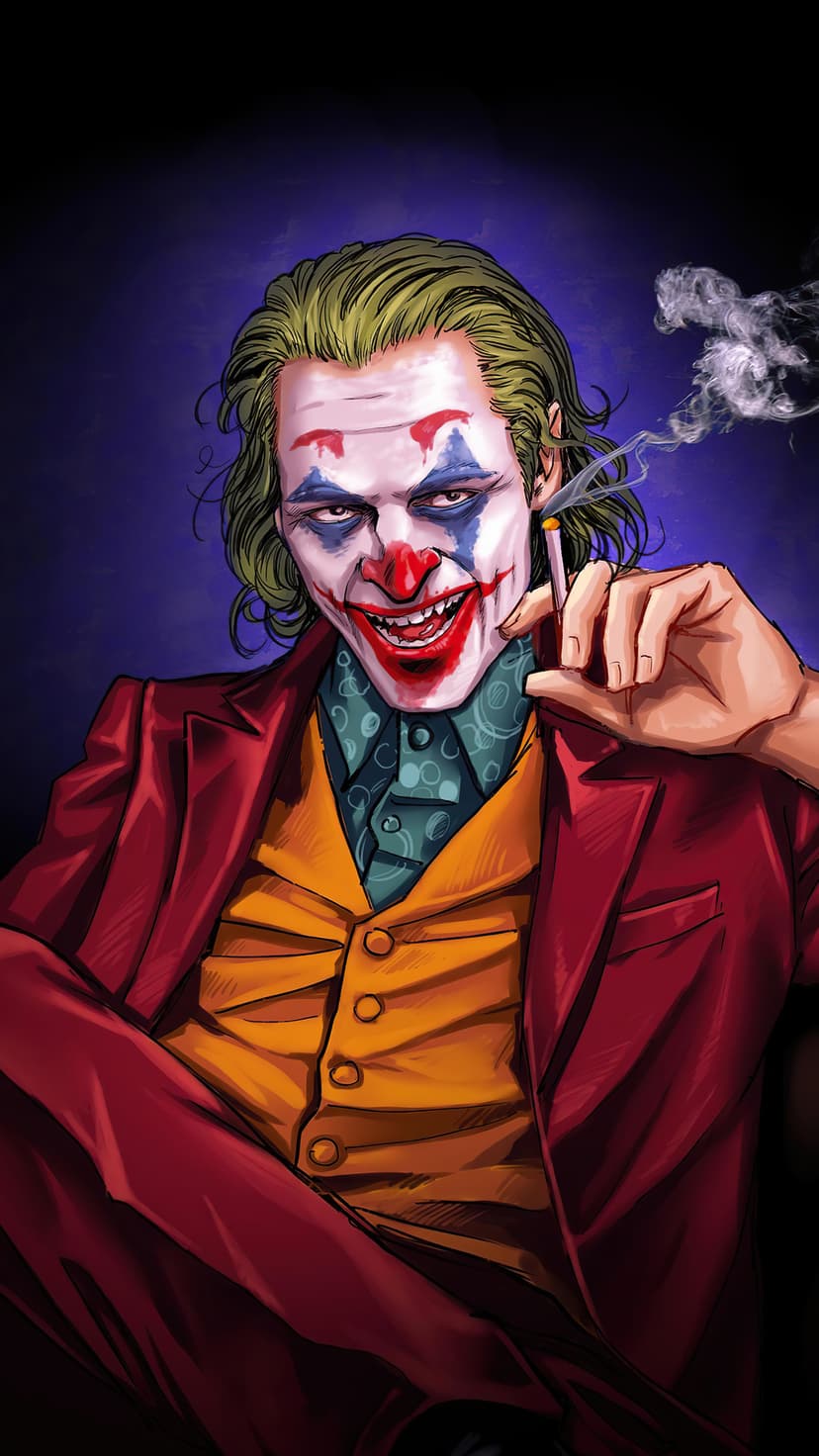 Joker in a red blazer holds a lit cigarette with rising smoke, wearing smeared white and blue clown makeup.