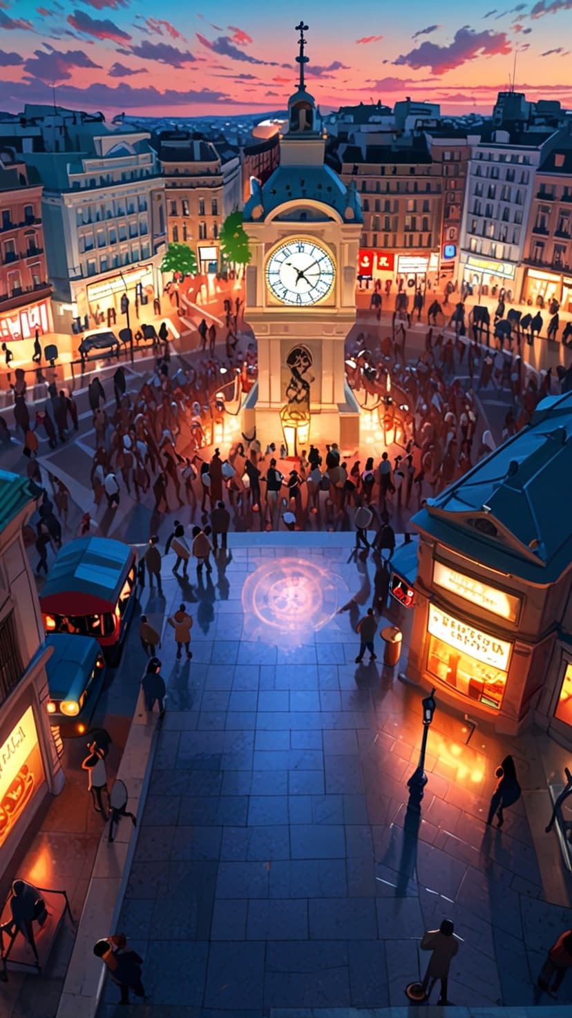 Tall stone clock tower overlooks a crowded metropolitan plaza during a golden sunset with warm street lighting.