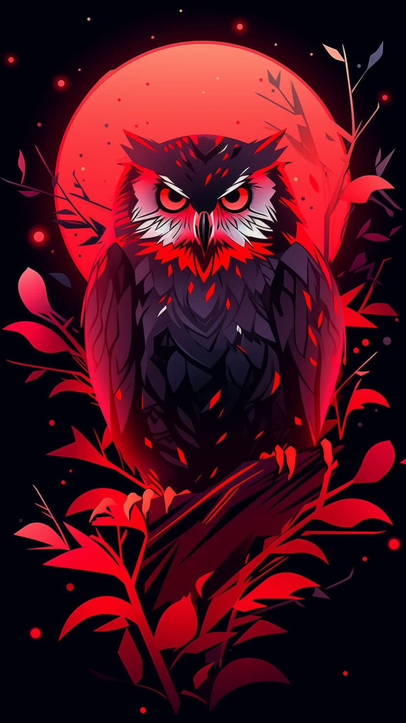 Owl with glowing red eyes perches on a dark branch before a massive blood moon and scarlet forest accents.