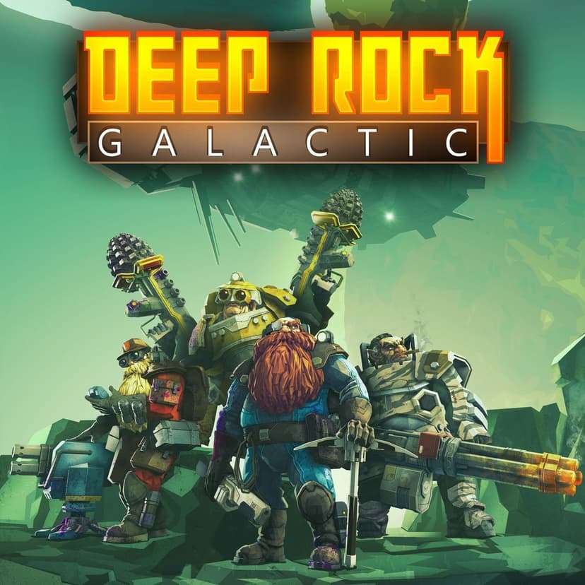 Four dwarves with heavy weapons and armor stand in a green glowing cavern beneath a large sci-fi title logo.
