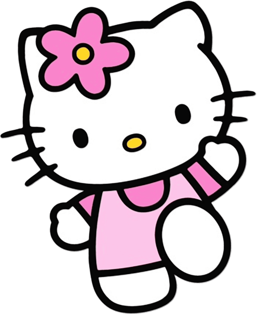 White cartoon cat with a pink flower on its head featuring simple black outlines and a front facing pose.
