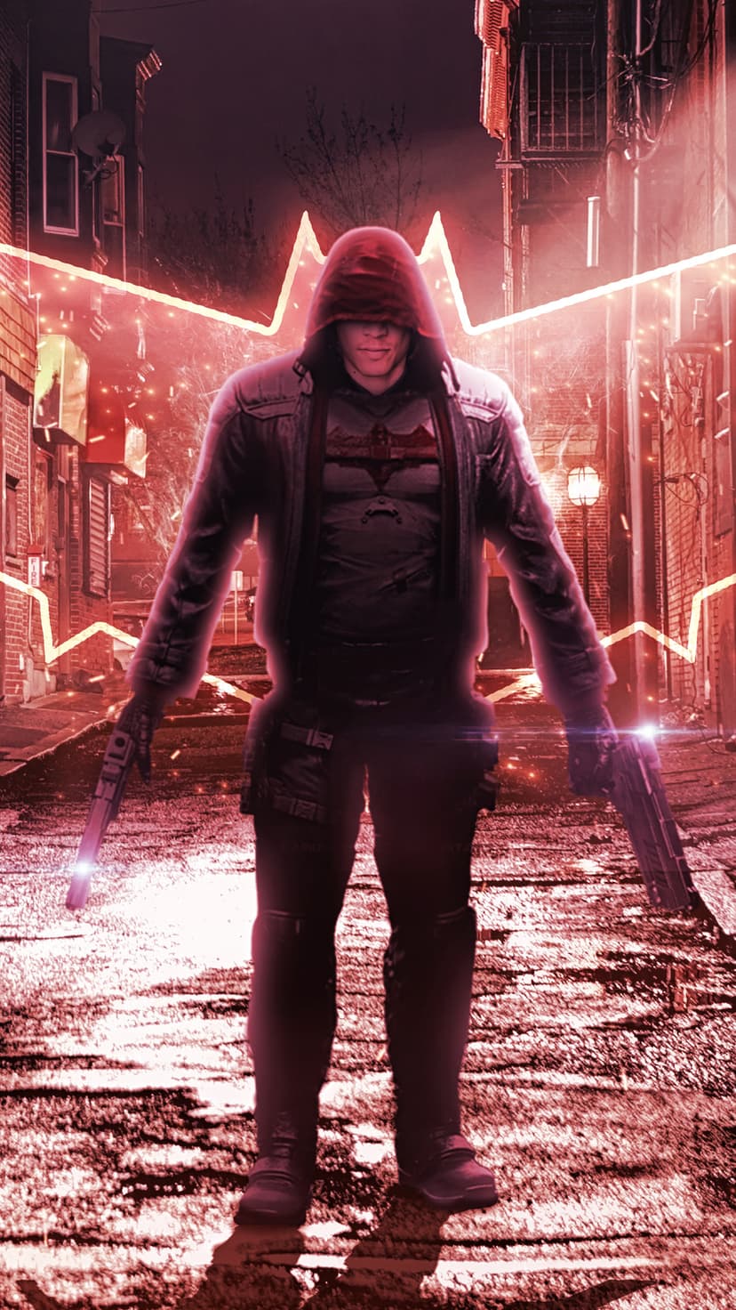 Red Hood stands in a dark alley with pistols drawn under red neon lights reflecting on wet cobblestone.