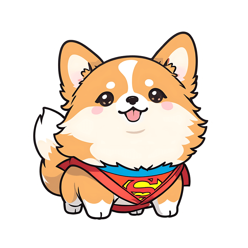 Superhero corgi puppy sticker features a red cape and yellow shield icon with bold black outlines and gradients.