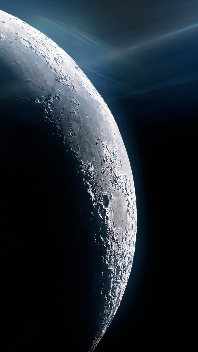 Lunar craters and rocky terrain are illuminated by sunlight against the dark vacuum of the cosmos in space.