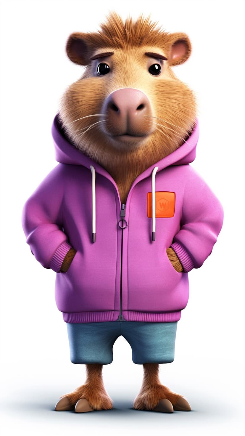 Capybara character wearing a pink hoodie and blue shorts stands with hands in pockets against a white background.