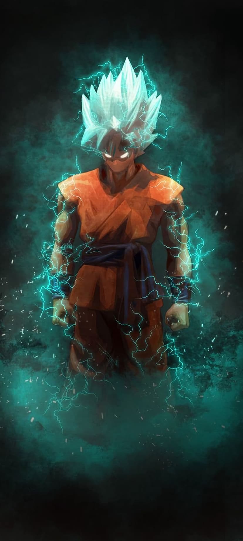 Goku in Super Saiyan form surrounded by teal energy sparks and a crackling electric aura against a dark backdrop.
