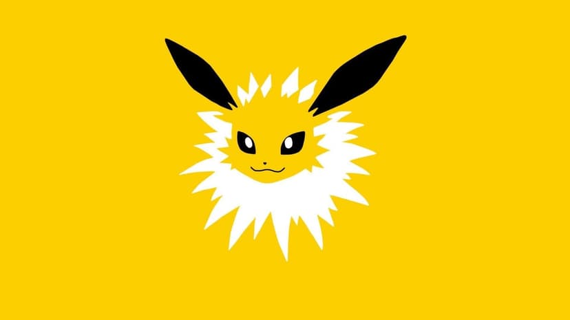 Minimalist Jolteon head illustration with a spiky white mane and black ears on a solid yellow background.