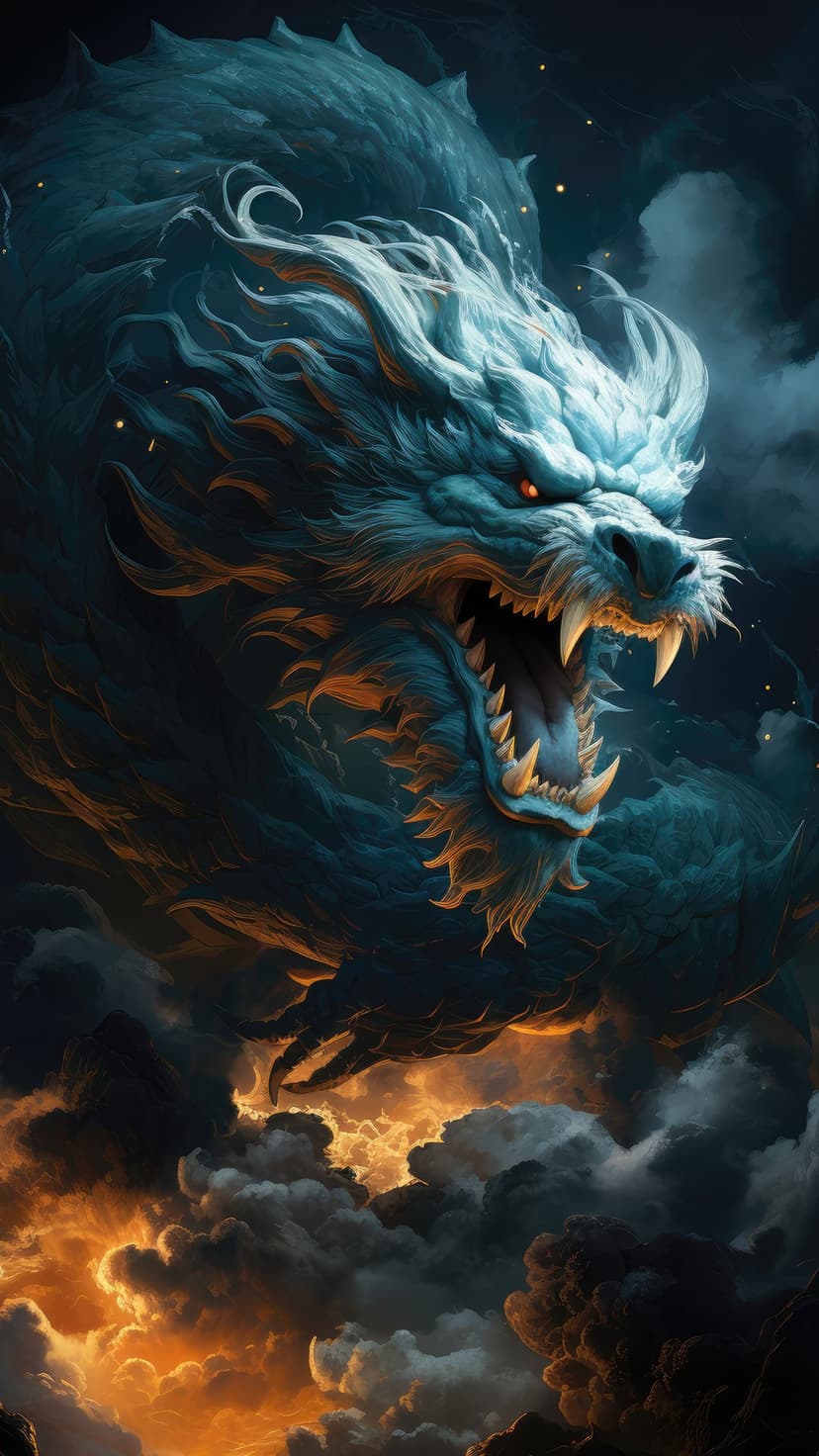 Blue dragon with glowing orange eyes roars amidst swirling dark smoke and radiant orange embers in a vertical frame.