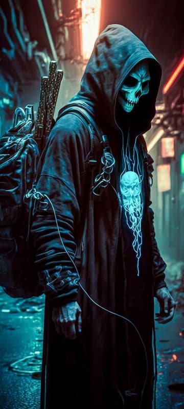 Cyberpunk Grim Reaper with Glowing Skull and Backpack