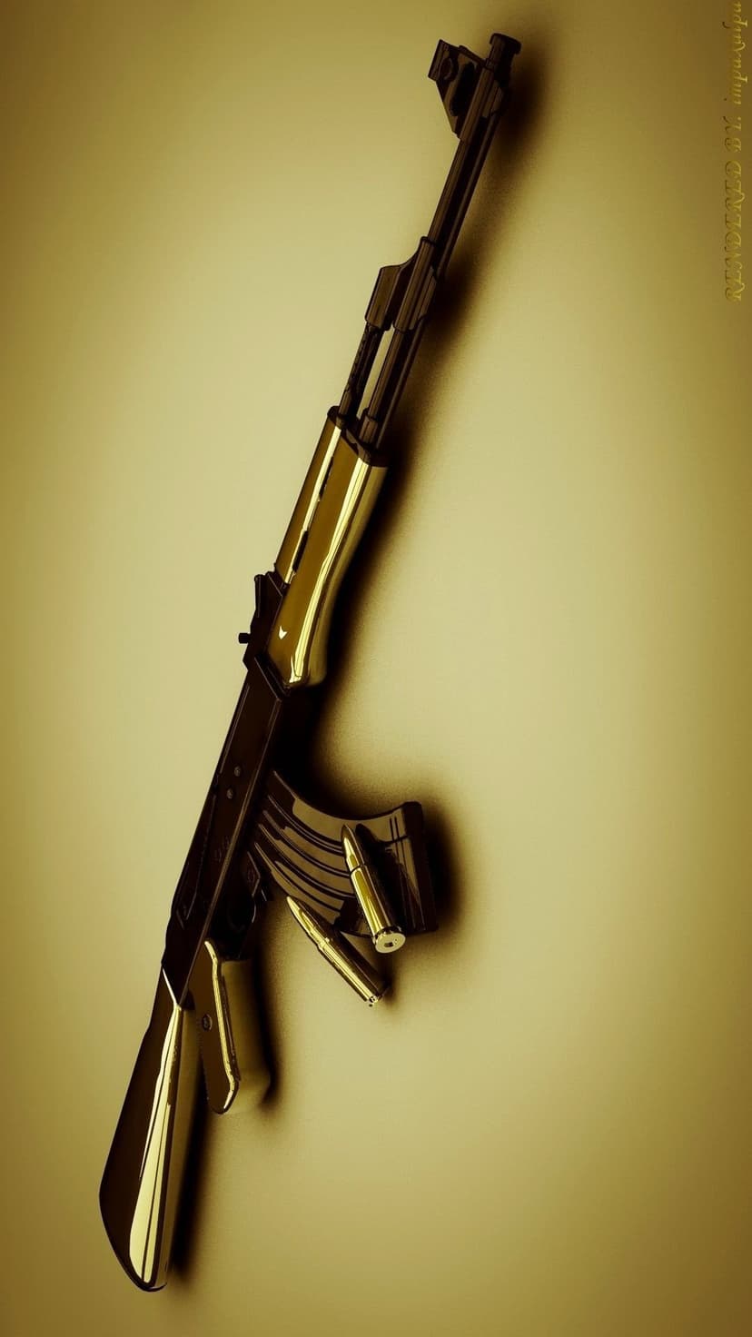 Gold-plated AK-47 rifle rests on a yellow surface with two brass bullets positioned near the magazine.