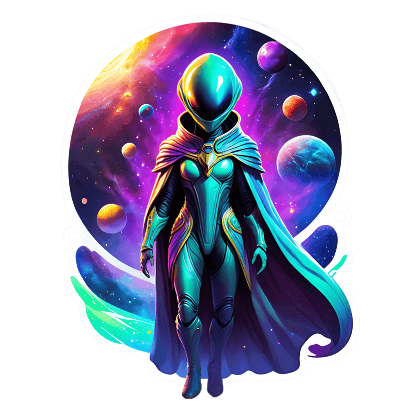 Alien sticker in iridescent teal armor stands before glowing orange planets and swirling purple nebulae.