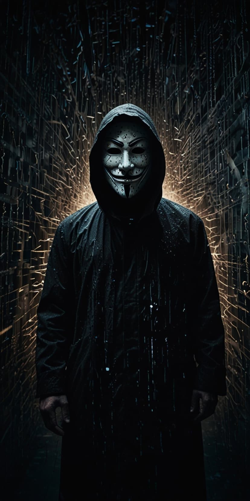 Guy Fawkes masked figure in a black hood standing amidst glowing yellow electric sparks and dark shadows.