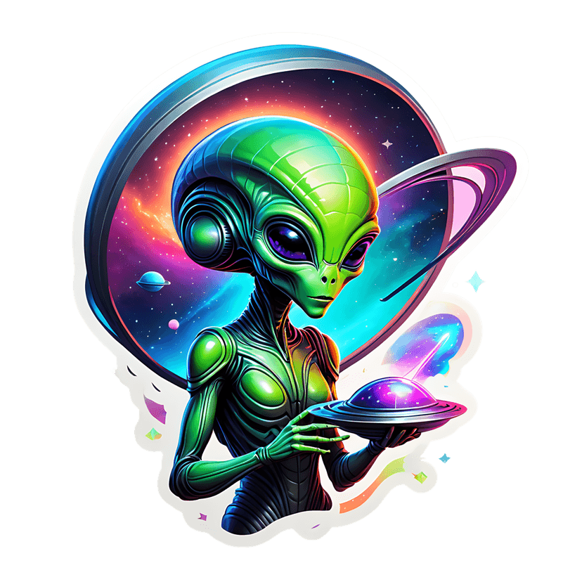 Green extraterrestrial sticker holding a glowing purple UFO against a starry galaxy background with rings.