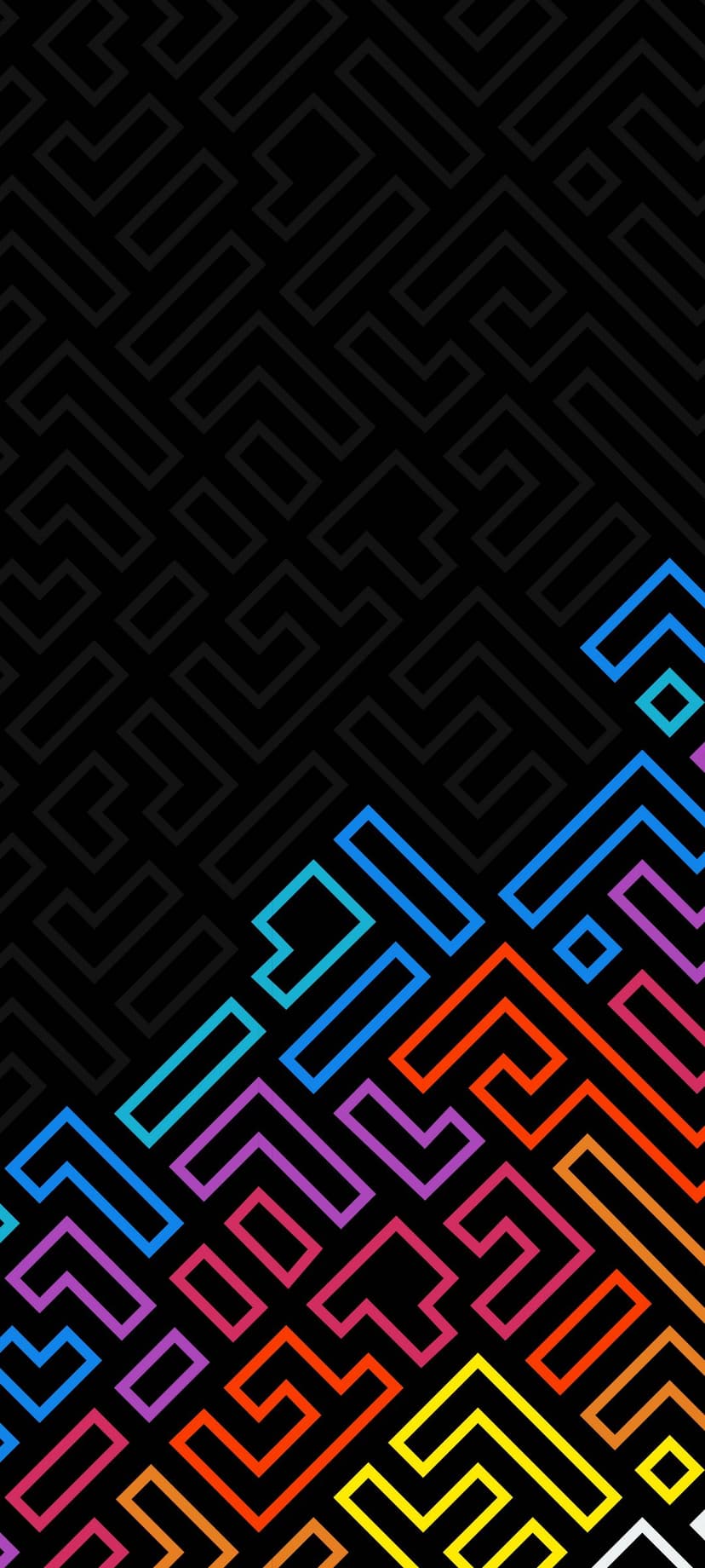 Neon cyan and orange light streaks cutting through a dark geometric maze pattern on a vertical background.