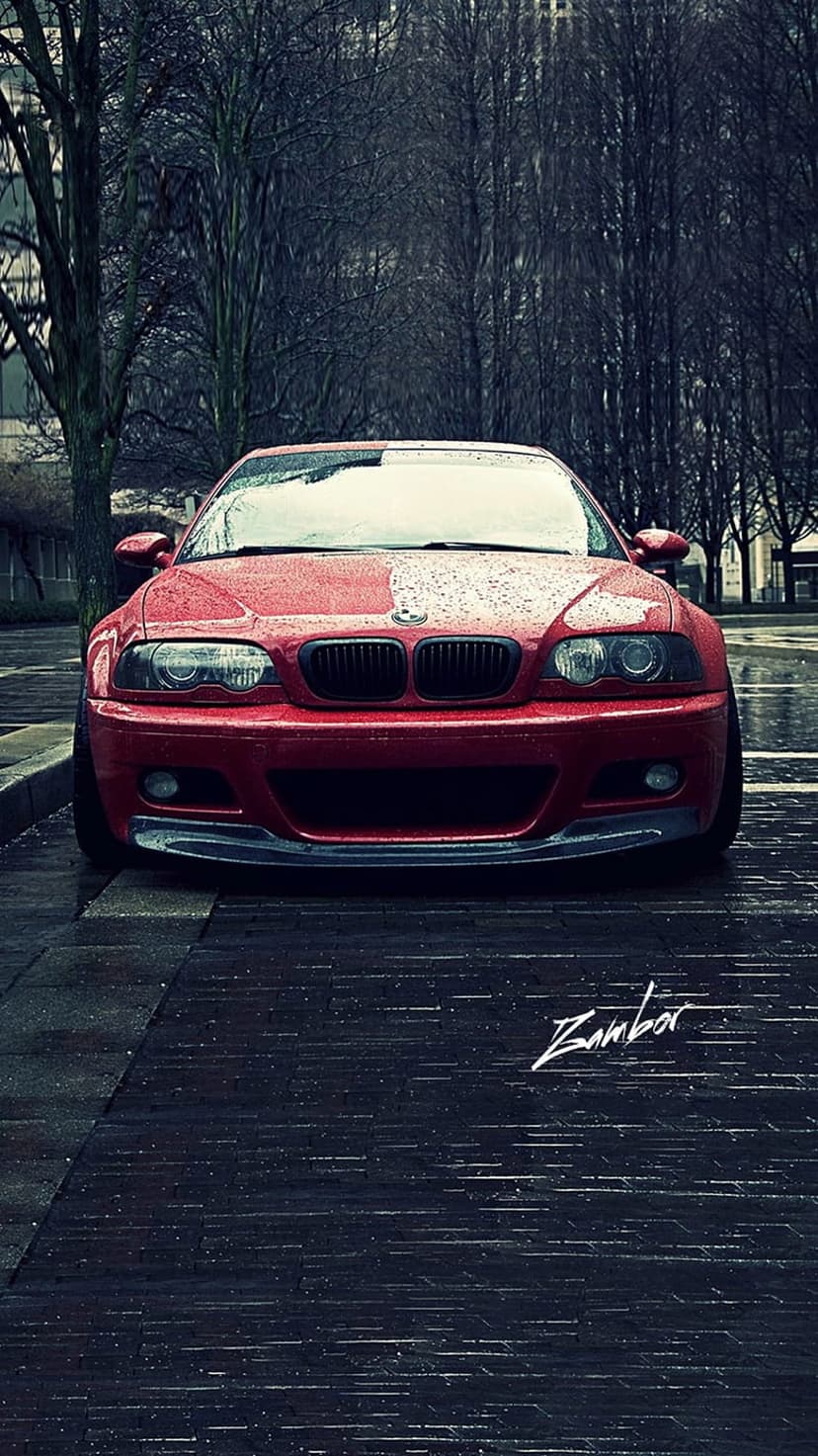 Red BMW M3 coupe parked on reflective wet pavement against a backdrop of bare trees and a moody overcast sky.