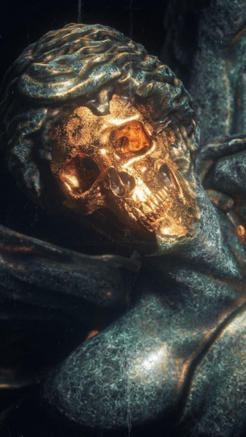 Golden skull with reflective surfaces partially submerged in dark, textured stone with hints of green and blue.