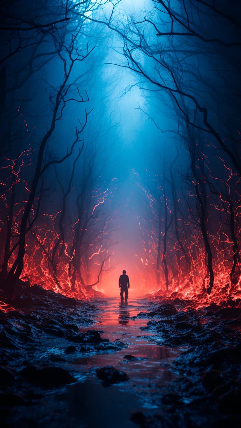 Solitary man walks along a glowing fiery forest path under a misty blue sky with bare silhouetted trees.