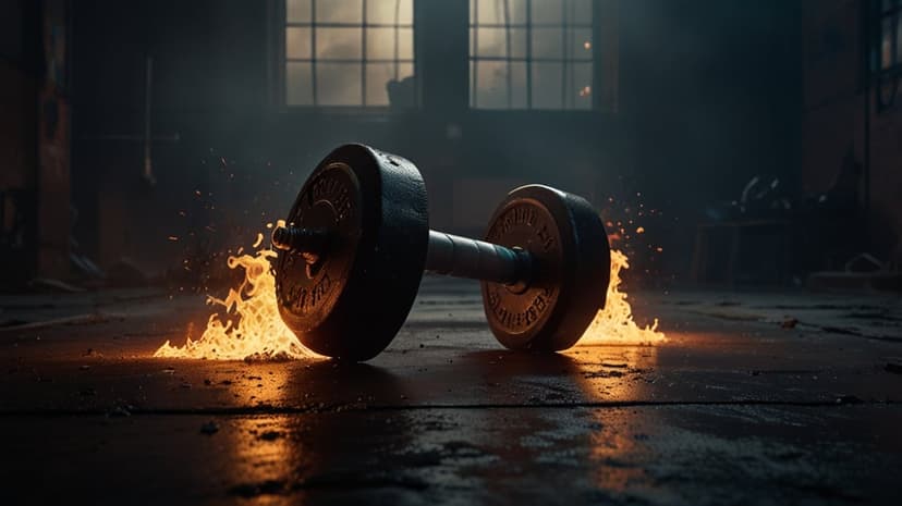 Burning iron weight on a wet gym floor with orange sparks flying upward against a dark industrial background.