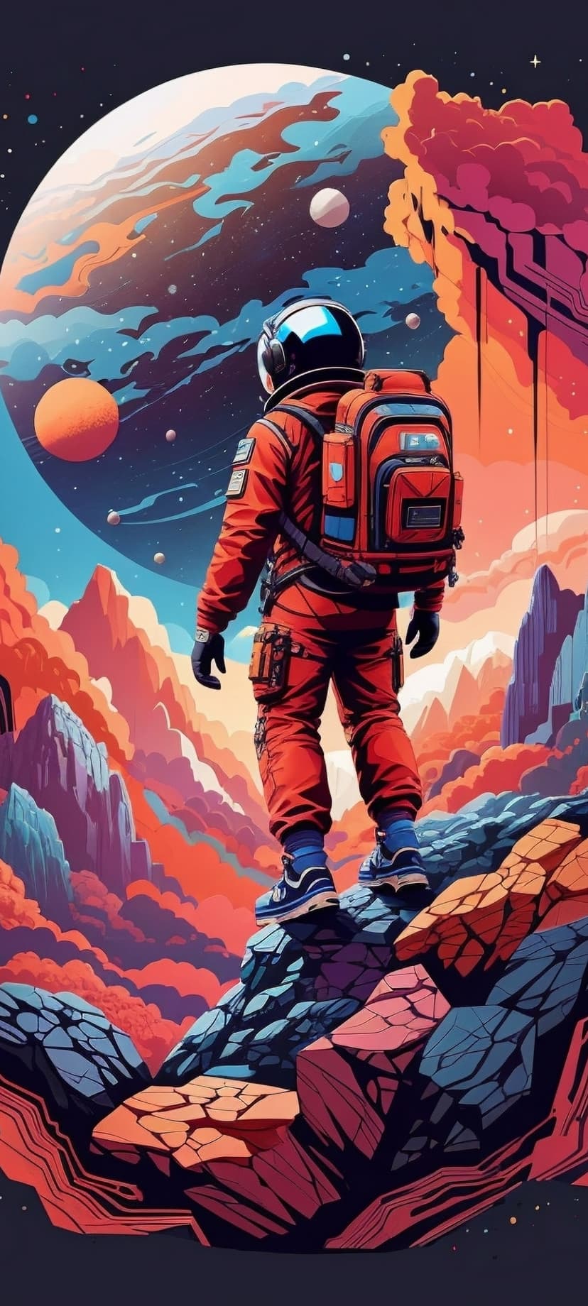 Astronaut in a red suit stands on a rocky cliff looking at a massive purple planet and swirling orange nebula.