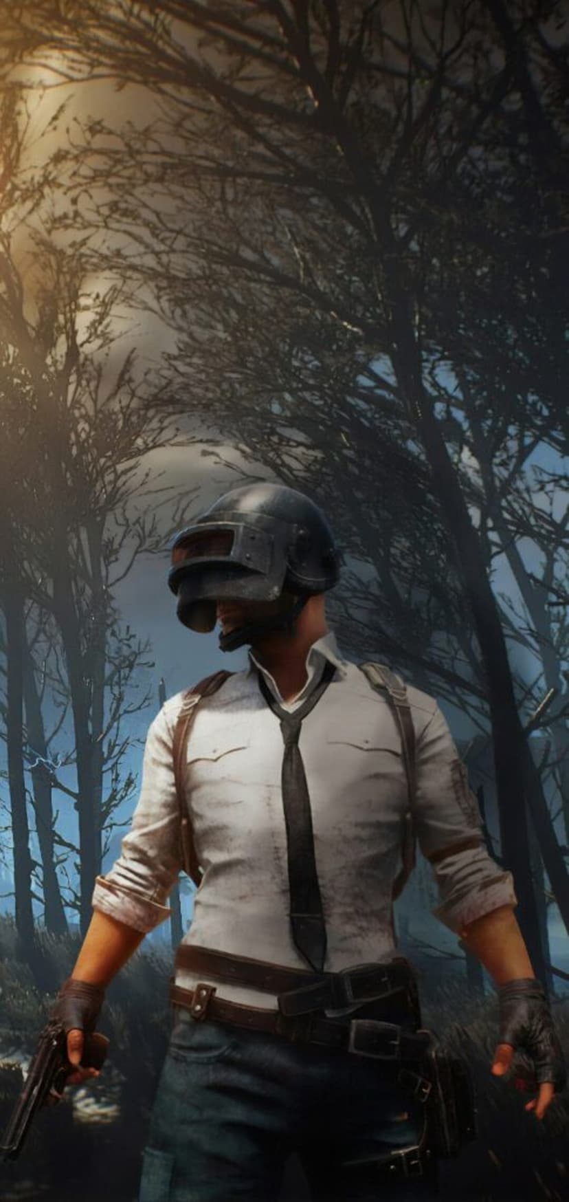 Soldier in a level one helmet and white shirt holding a pistol in a dark, foggy woodland setting.
