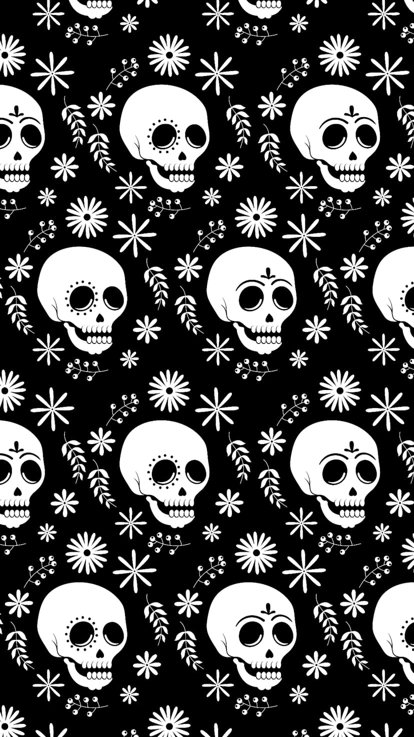 Sugar skulls with intricate floral engravings appear in a seamless black and white pattern for phone screens.