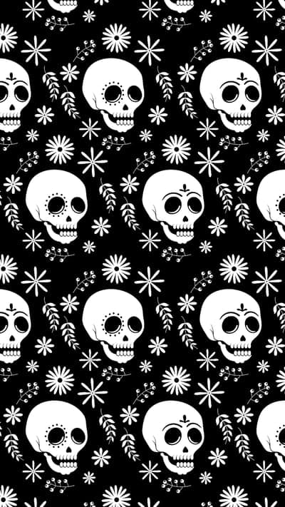 Sugar Skull Day of the Dead Black White Floral Pattern