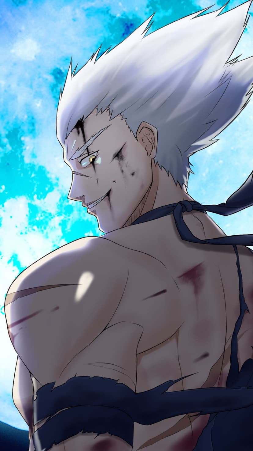 Garou from One-Punch Man shows scars and tattered clothes against a bright blue sky in a vertical profile view.