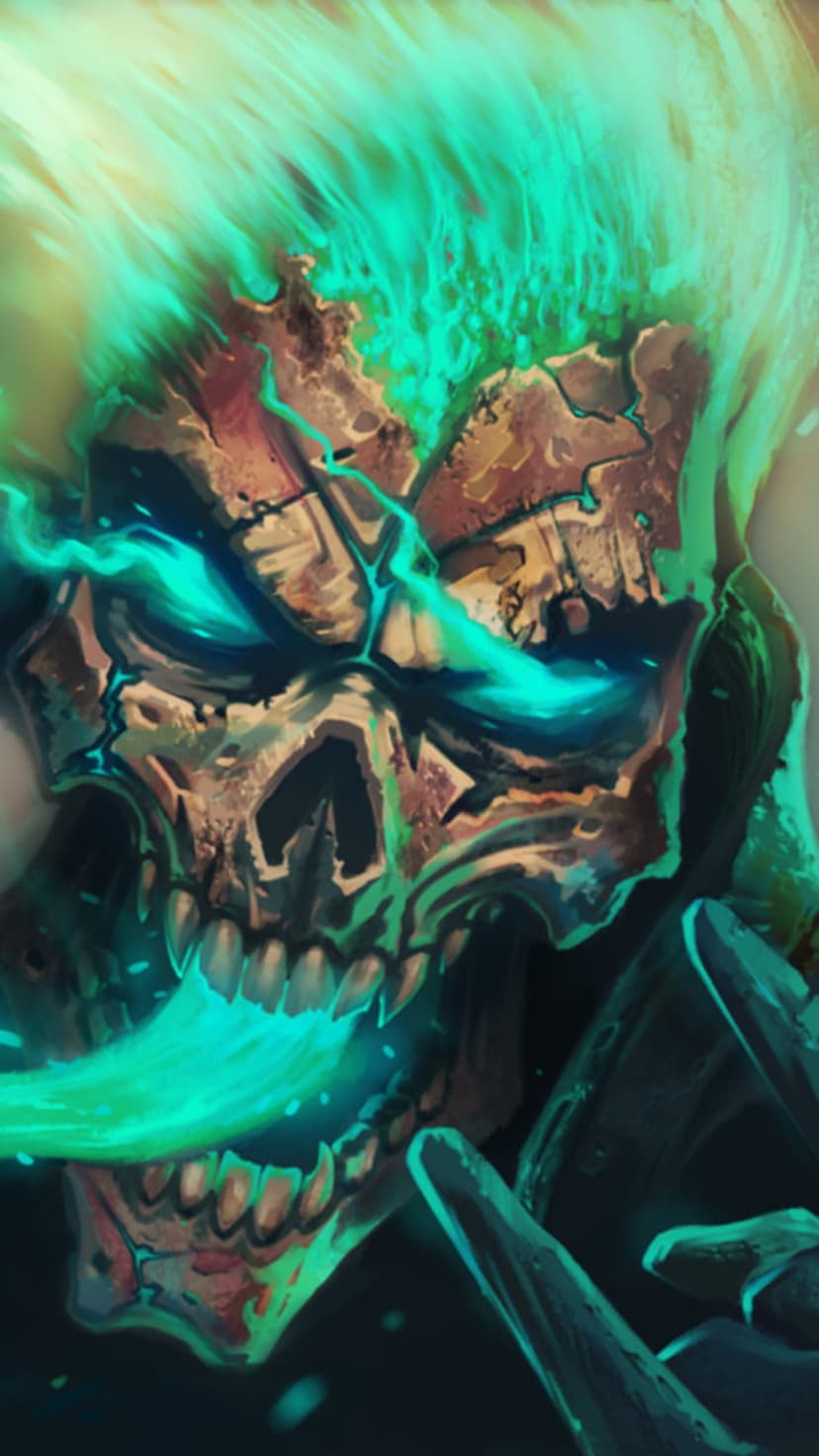 Monstrous bone skull with radiant green fire pouring from its eyes and mouth on a dark atmospheric background.