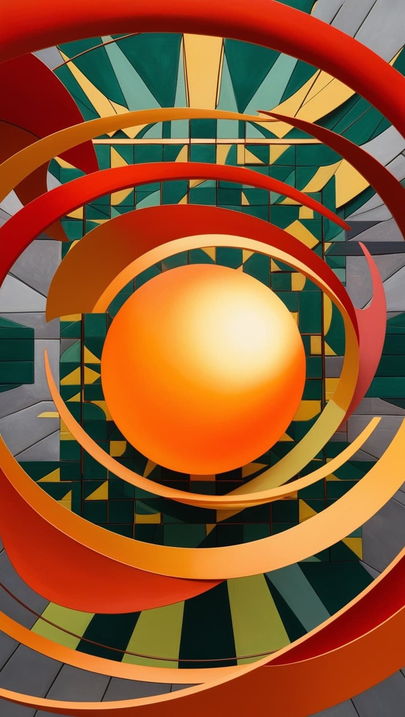 Orange orb encircled by red and yellow concentric rings against a green and gray geometric mosaic background.