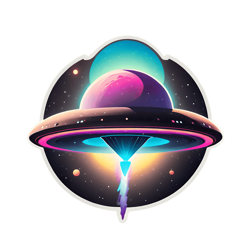 Flying saucer sticker hovering over a pink planet with a blue energy beam and starry space background.