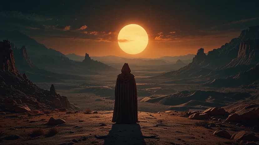 Cloaked person stands on a rocky ledge facing a vibrant orange desert sunset with distant mountain silhouettes.