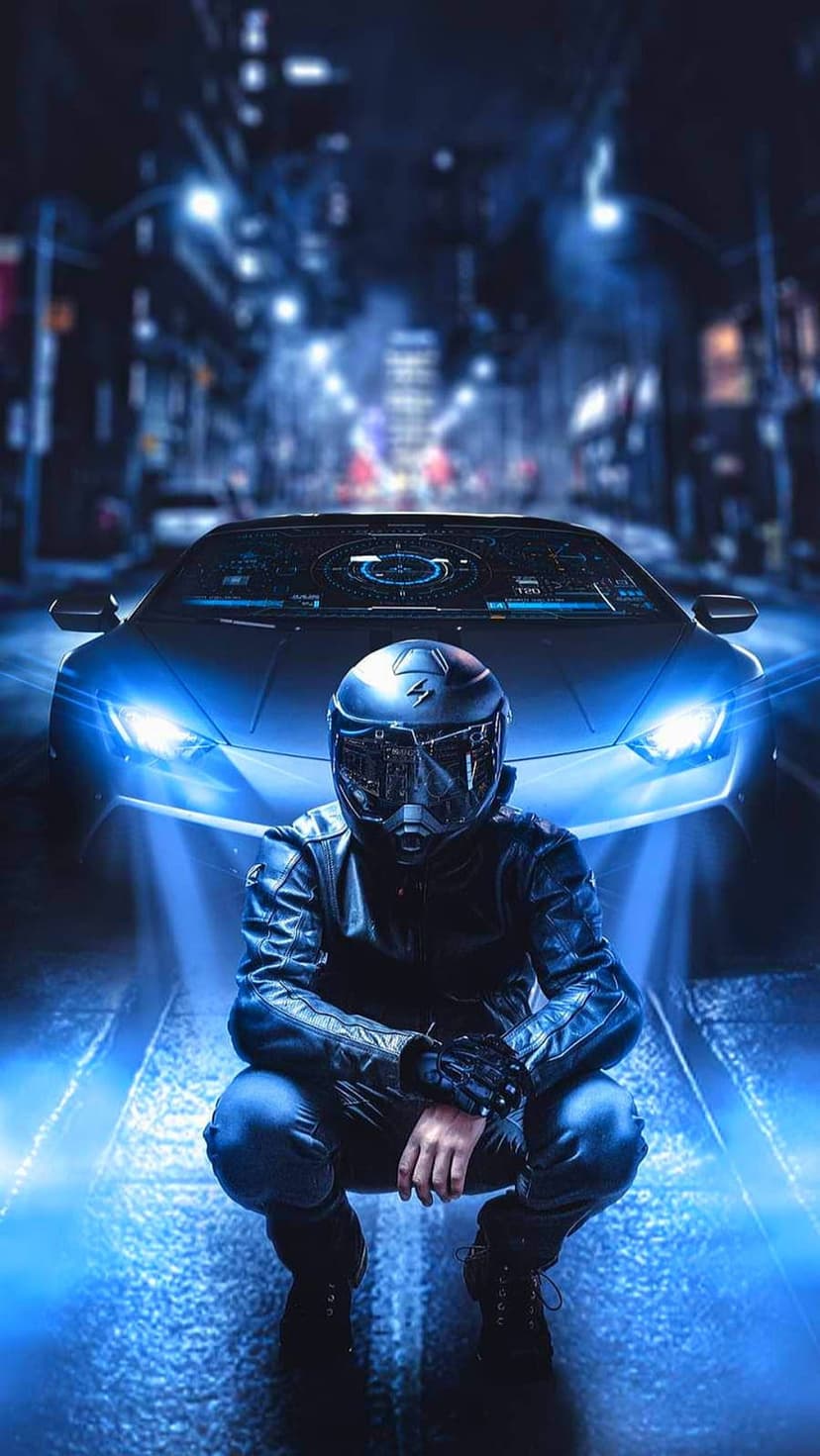 Biker in a futuristic helmet crouched near a glowing supercar on a wet, neon-lit city street at night.