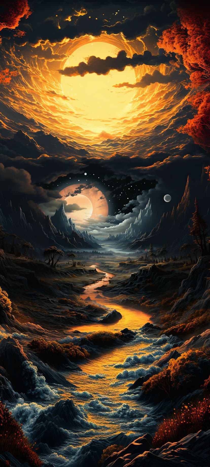 Colossal glowing sun over a golden winding river and sharp mountain peaks under a turbulent orange sky.