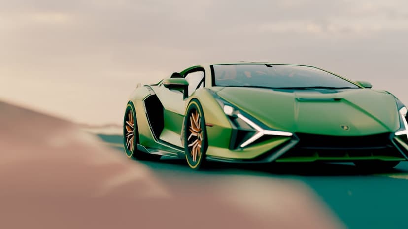 Green exotic supercar with Y-shaped LED lights and bronze rims on a road under soft natural lighting.