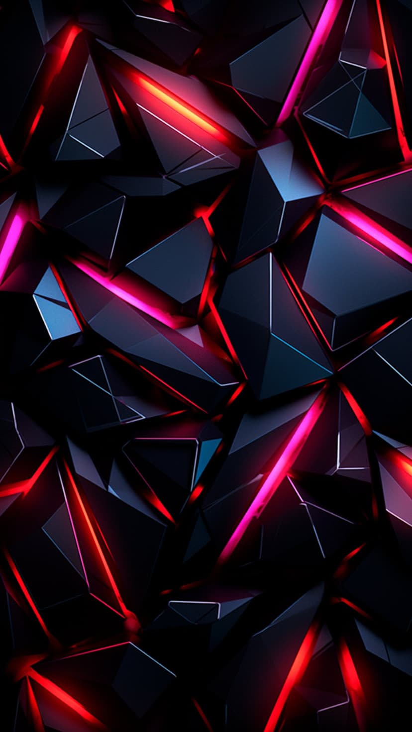 Angular dark shards glow with intense red light from deep crevices in a high-contrast geometric composition.