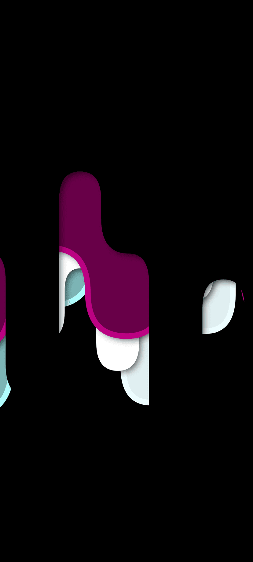 Curved purple and white layered shapes with soft drop shadows against a pitch black minimalist background.
