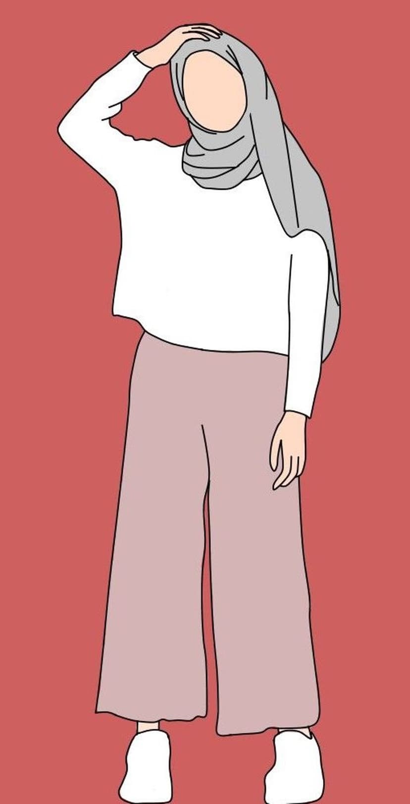 Woman in a grey hijab and pink culottes posing against a red background with one hand resting on her head.