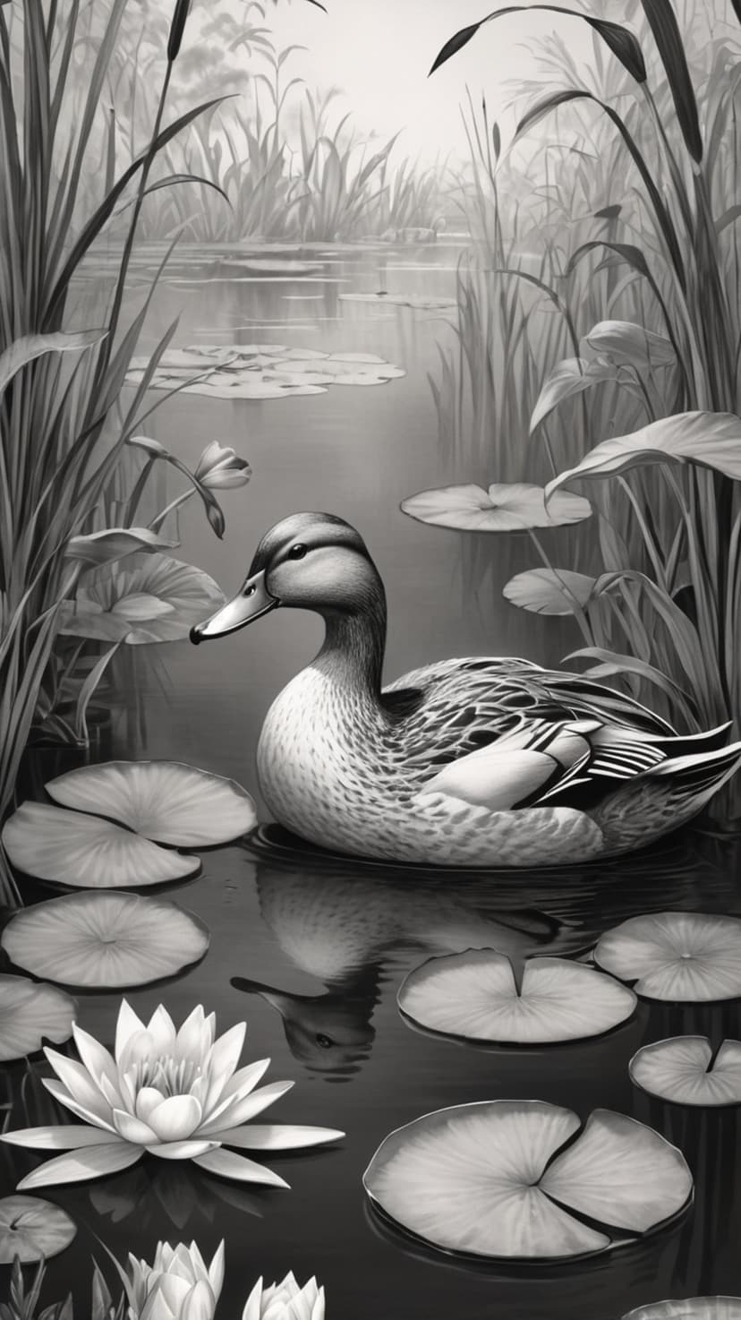 Mallard duck floats near water lilies and reeds in a grayscale scene with soft reflections on a pond surface.