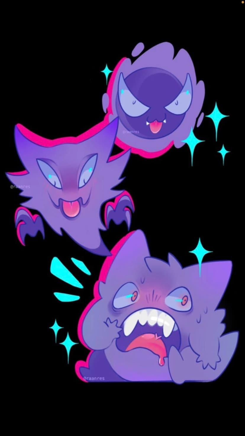 Three purple ghost Pokémon with expressive faces and glowing pink outlines on a solid black background.