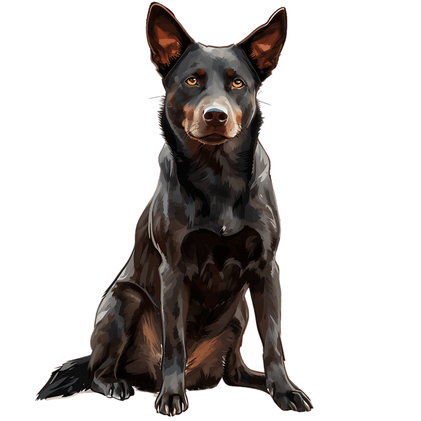 Australian Cattle Dog digital painting featuring sharp golden eyes and black fur against a dark background.