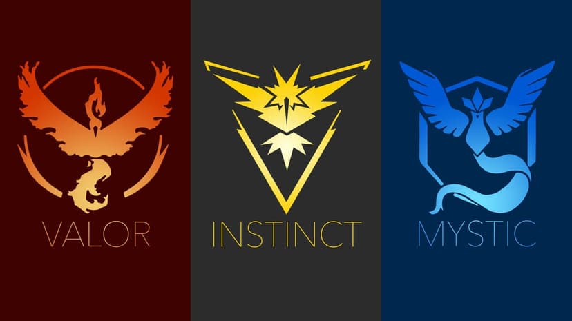 Moltres, Zapdos, and Articuno minimalist team emblems for Valor, Instinct, and Mystic on dark backgrounds.