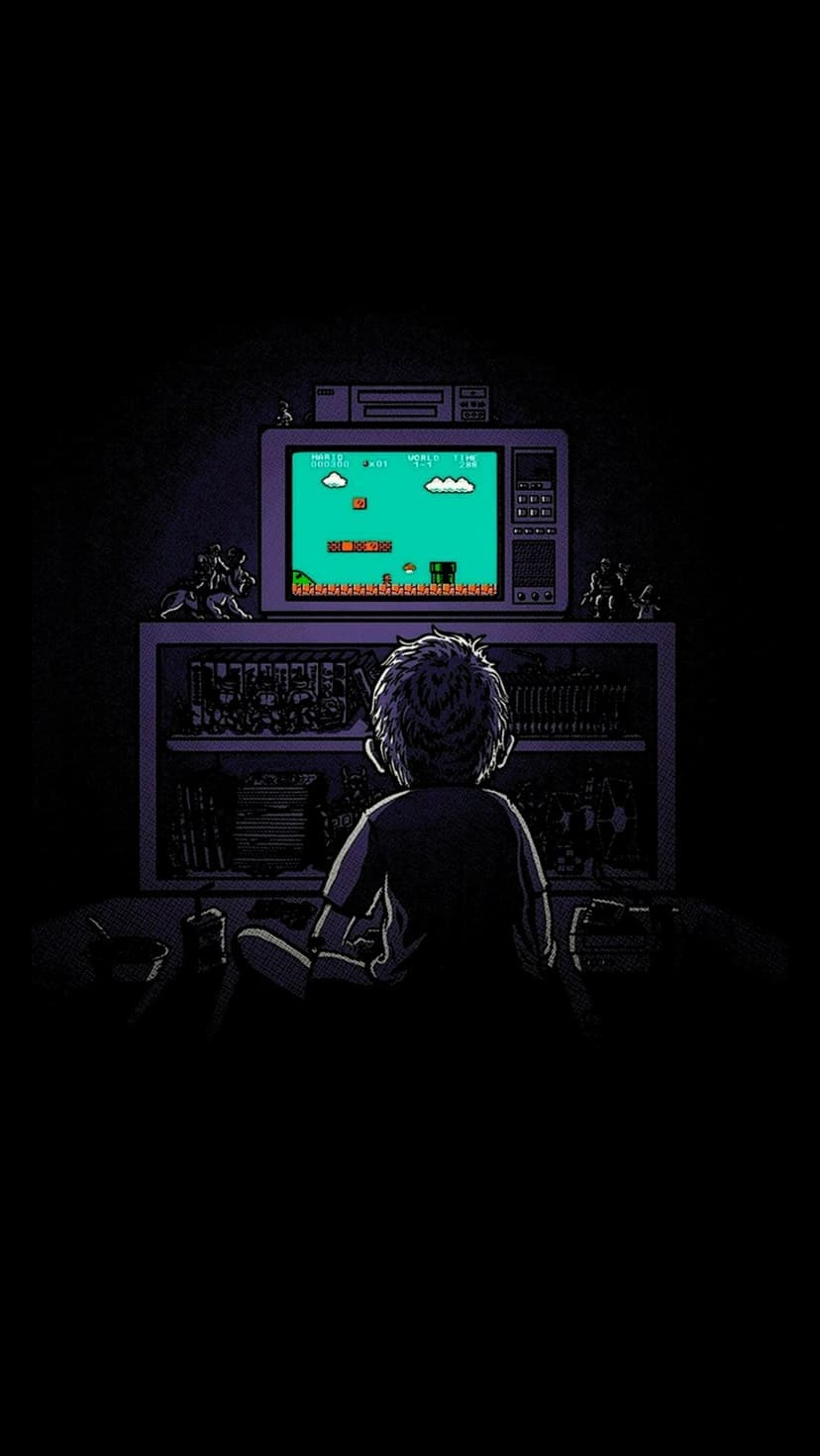 Boy plays a retro video game on a glowing vintage CRT television screen in a cozy, dimly lit hobby room background.