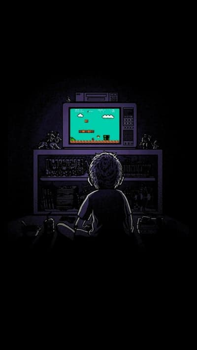 Boy playing classic Super Mario Bros. on vintage TV