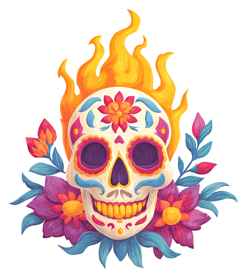 Burning human skull with realistic orange flames and detailed bone textures set against a clear background.