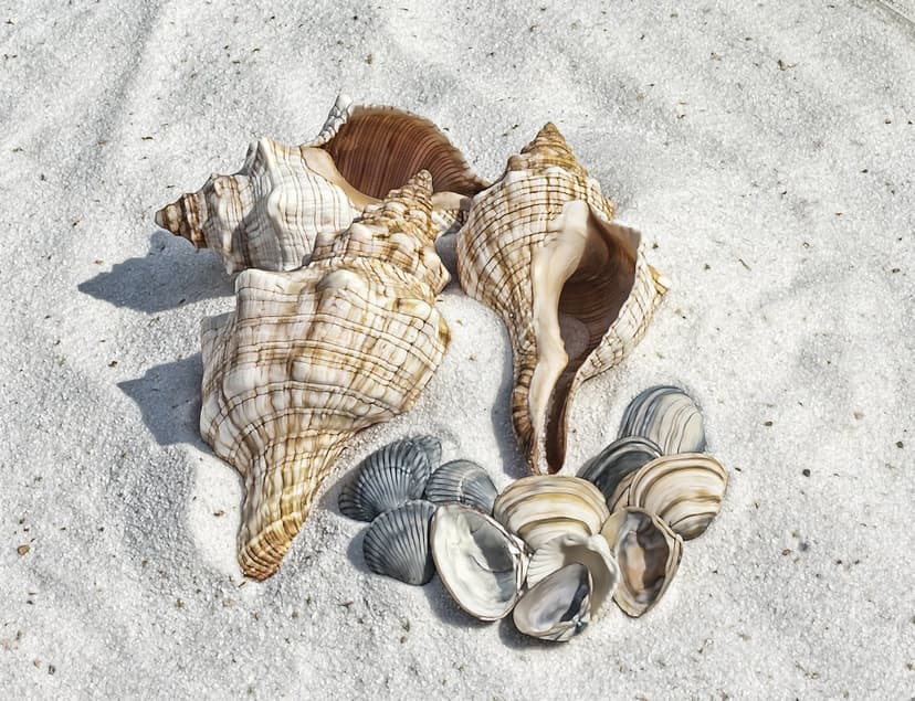 Conch and bivalve shells lie on fine white sand with soft shadows highlighting the natural ridges and textures.