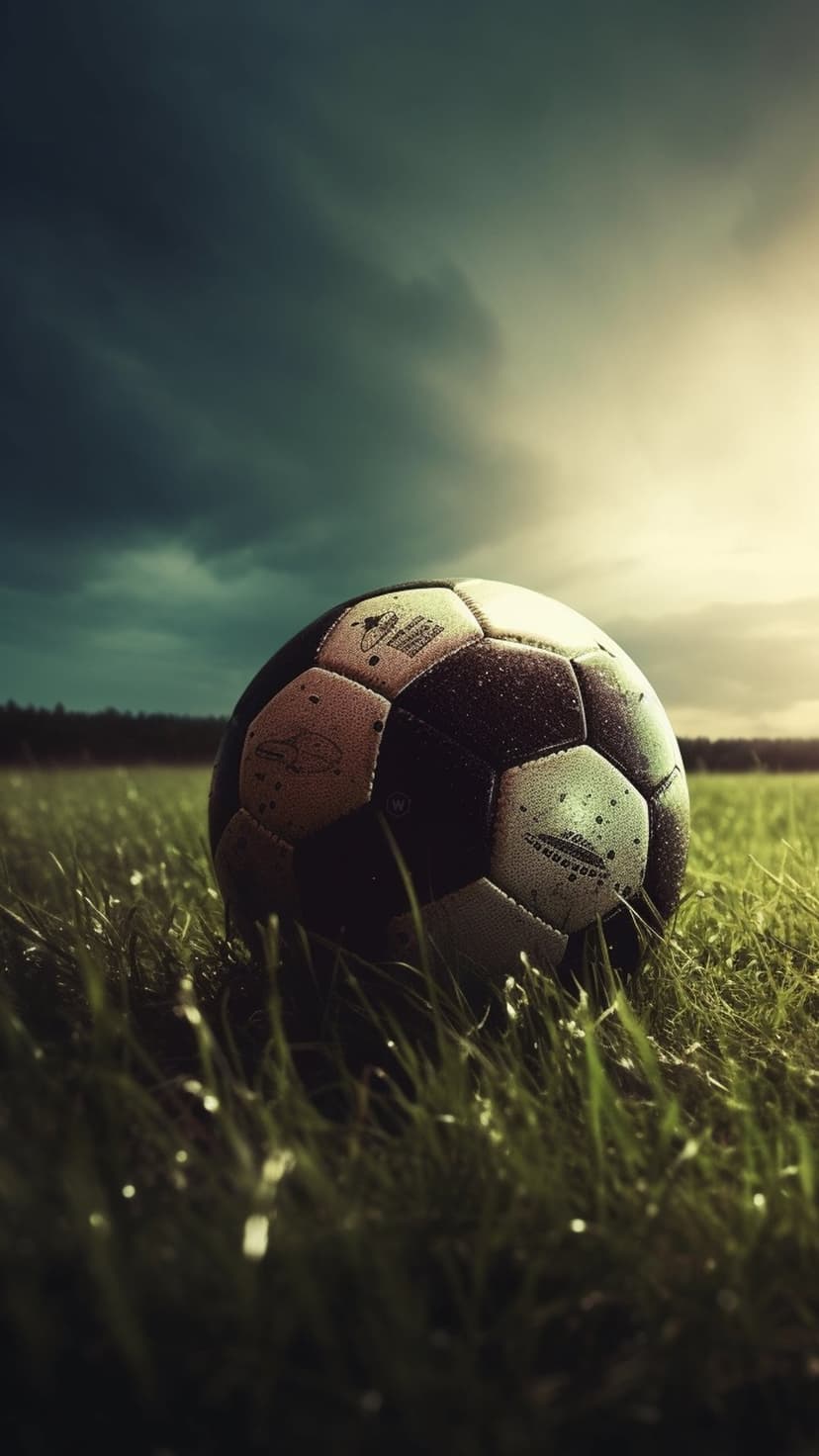 Soccer ball rests on wet green grass with water droplets against a dark stormy sky and a bright, hazy sunbeam.