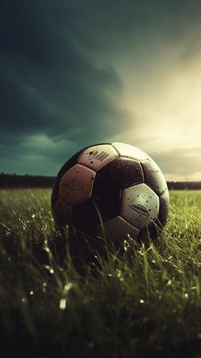 Soccer ball on wet grass under dramatic sky
