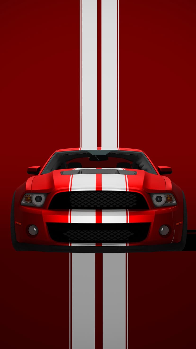 Red Ford Mustang sports car with white racing stripes and a black grille positioned against a solid red background.