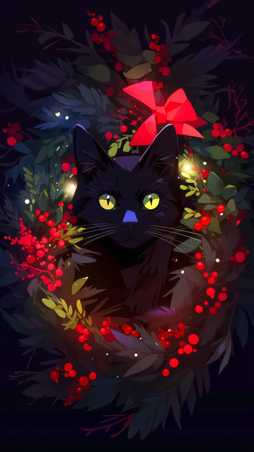Black cat with yellow eyes peeking through a green Christmas wreath decorated with red berries and a bow.