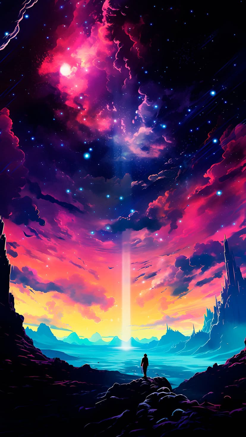Lone traveler standing on a cliff before a celestial beam, neon clouds, and a distant futuristic castle tower.